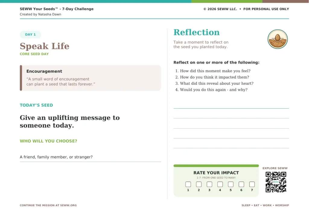 Day 1 seed card: Speak Life. Today's seed, a word of encouragement, reflection prompts, and a 1 to 7 impact rating.